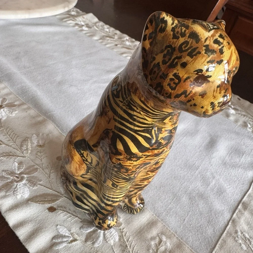La Vie Leopard Cheetah Patchwork Quilt Paper Mache Figurine Ceramic 8